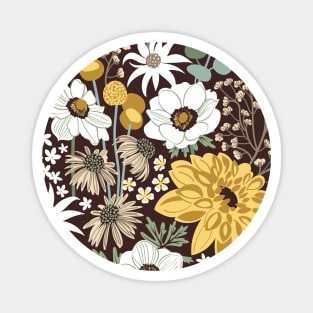 Boho garden // pattern // expresso brown background sage green yellow ivory and white flowers Magnet